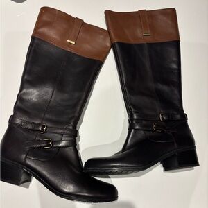 Bandolino mid calf-knee high brown leather boots.